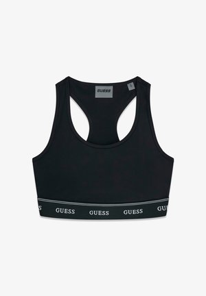 Musta urheiluliivit, joissa on racerback-malli ja joustava nauha, jossa toistuvasti valkoisella "GUESS"-logot. Sisäpuolella kaula-aukon kohdalla pieni koko Small -etiketti.