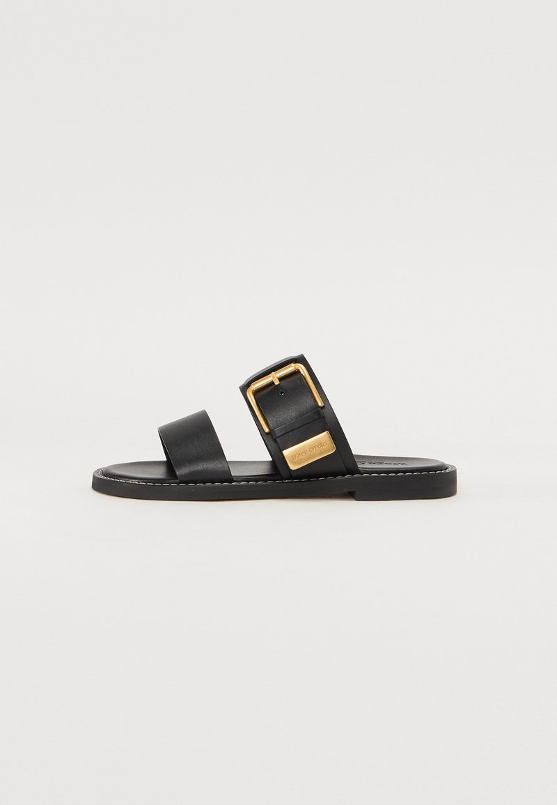 Black leather slide sandals featuring two wide straps and a gold buckle accent. Flat sole with contrasting stitching details.