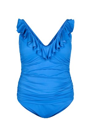Zila viengabala peldkostīms ar volānu apkakli, V veida priekšpusi, krunkotu detaļu uz ķermeņa un gludu auduma tekstūru.