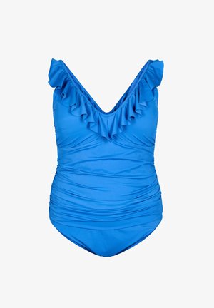 Zila viengabala peldkostīms ar volānu apkakli, V veida priekšpusi, krunkotu detaļu uz ķermeņa un gludu auduma tekstūru.
