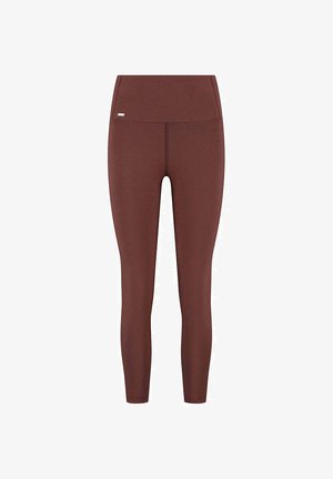 Ruskeat korkeavyötäröiset legginsit joustavasta kankaasta, joissa on sileä pinta ja hillitty logosomistus vyötärön läheisyydessä.