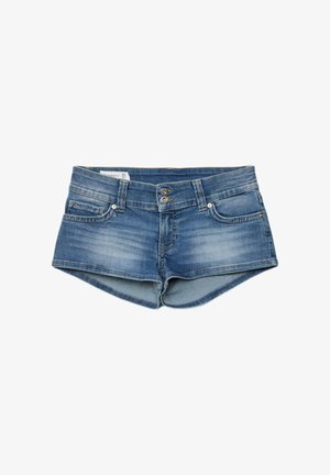 Blue denim shorts with double button closure, front and coin pockets, and faded wash detailing.
