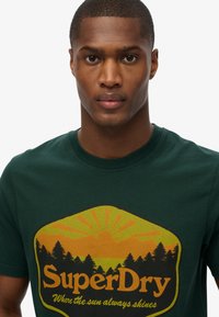 Groene katoen T-shirt met een grote, kleurrijke afbeelding van bomen en een zonsopgang, aangevuld met de tekst "SuperDry" in vetgedrukte zwarte letters.