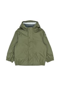 Chaqueta verde oliva con capucha, cierre de botones a presión, puños elásticos y forro de forro polar gris. Cuenta con detalles reflectantes en las mangas.