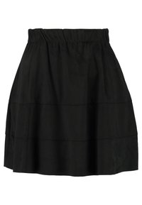 Svart kjol med elastisk midja, tredelad design och slät textur. Knä-lång med en flödande silhuett och utan utsmyckningar.