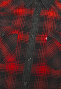 Chemise à carreaux rouge et noire avec boutons-pression noirs, deux poches poitrine avec rabats et un col noir.