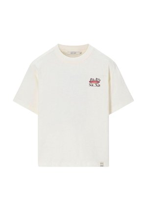 White short-sleeve crewneck t-shirt with small graphic of two cartoon fish carrying a red surfboard on the left chest.