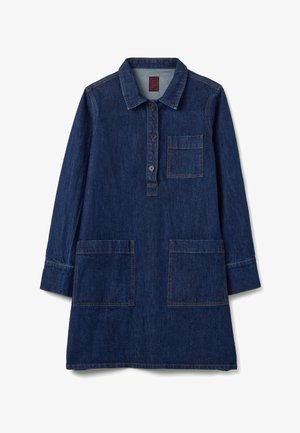 Denim dress in dark blue with long sleeves, four pockets, a collared neck, and a button-front closure. Textured fabric with visible stitching.
