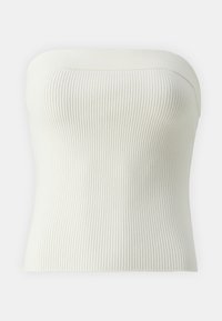 Ribbed, bezramkowy top wykonany z miękkiego, elastycznego materiału w kolorze off-white. Charakteryzuje się gładką linią dekoltu i dopasowanym krojem, który zapewnia snug fit.