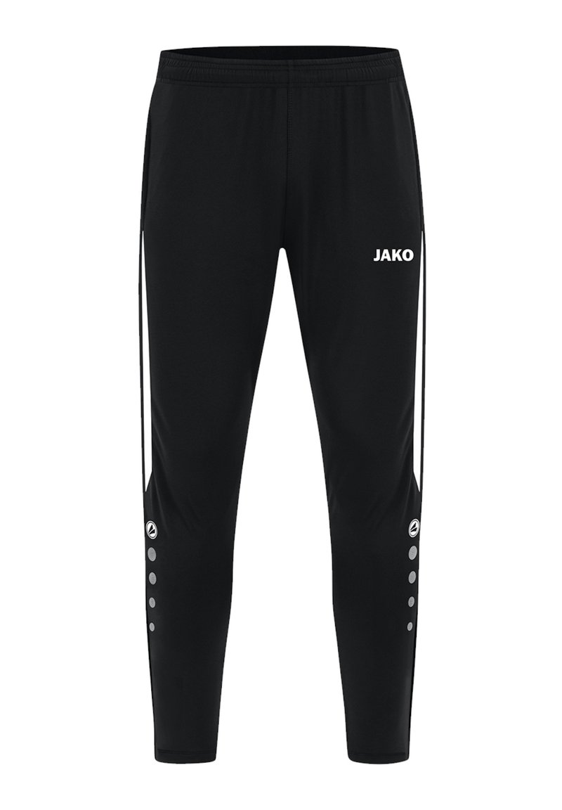 Pantalons de sport noirs à coupe fuselée. Équipés d'une taille élastique, d'un logo blanc, de bandes latérales et de boutons décoratifs sur le bas de la jambe.