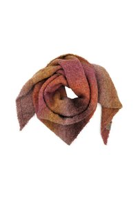 Wollschal mit einem Farbverlauf in warmen Tönen von Orange, Rot und Braun, mit einer weichen Textur und spitzen Enden.