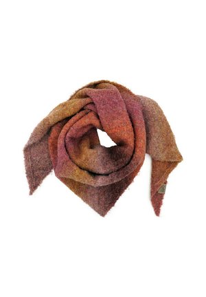 Wollschal mit einem Farbverlauf in warmen Tönen von Orange, Rot und Braun, mit einer weichen Textur und spitzen Enden.