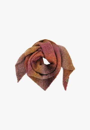 Wool scarf with a gradient design in warm tones of orange, red, and brown, featuring a soft texture and pointed ends.