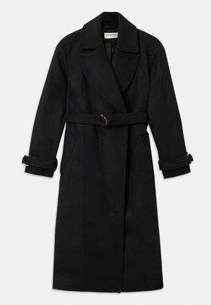 Casaco trench preto feito de uma mistura de lã, com um colarinho largo, cinto com metais dourados e punhos dobrados. Inclui dois bolsos laterais.