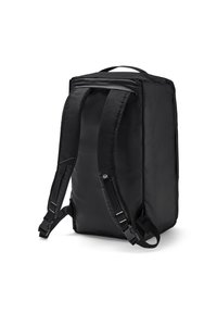 Black backpack with padded shoulder straps, rectangular shape, fabric texture, and durable zippers; features top handle and logo detail.