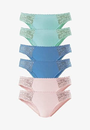 Fünf Paare Damenslips aus weichem Material mit Spitzenakzenten. Die Farben sind hellgrün, teal, blau, hellrosa und beige.