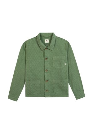 Groene blousejas met drie voorzakken en een subtiel overalpatroon, kraagkraag en lange mouwen.