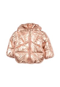 Metallische roségouden pufferjack met een ritssluiting aan de voorkant, capuchon en gerimpelde mouwen. Kenmerkt zich door een gewatteerde textuur met een zachte, glanzende afwerking.