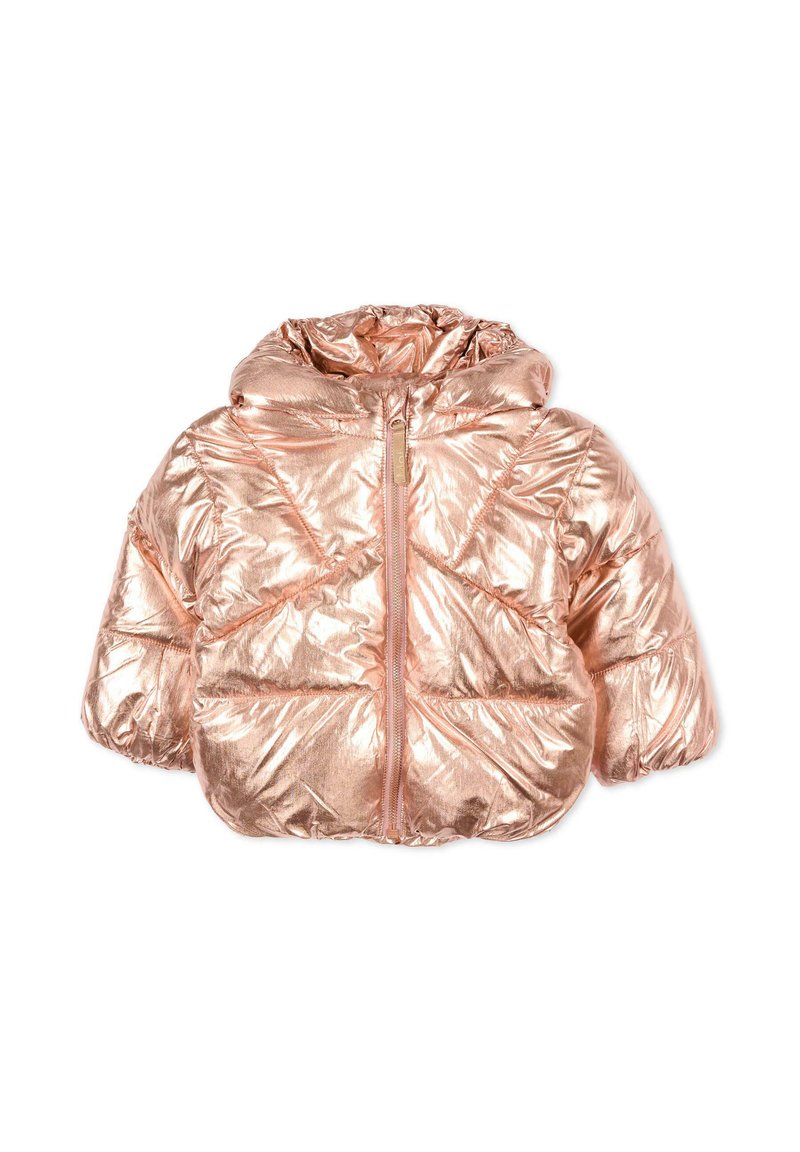 Metallische roségouden pufferjack met een ritssluiting aan de voorkant, capuchon en gerimpelde mouwen. Kenmerkt zich door een gewatteerde textuur met een zachte, glanzende afwerking.