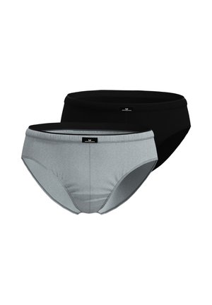 Two men's briefs in front of a white background, one light gray and one black, both with small branded tags at the waistband center.
