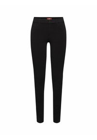 Pantalon noir slim fit avec bouton et fermeture éclair à l'avant, passants de ceinture et poches avant, présenté sur fond blanc.