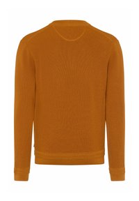 Pullover aus geripptem Strick in verbranntem Orange, mit Rundhalsausschnitt, langen Ärmeln, strukturiertem Gewebe und kontrastierendem Abschluss an den Ärmeln und am Saum.