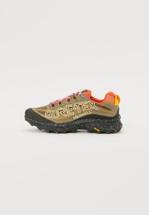 GORE-TEX Merrell trail shoes in brown and orange, featuring a speckled black outsole, colorful laces, and a rugged design for outdoor use.