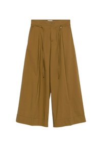 Pantaloni a gamba larga in un caldo colore marrone. Realizzati in un tessuto leggero, presentano un elastico in vita con cordoncino e dettagli con orlo piegato.