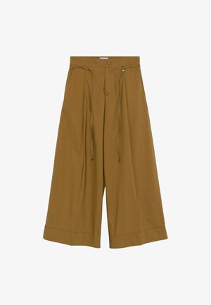 Pantaloni a gamba larga in un caldo colore marrone. Realizzati in un tessuto leggero, presentano un elastico in vita con cordoncino e dettagli con orlo piegato.