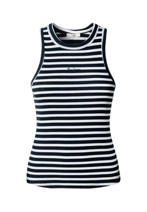 Débardeur à rayures bleu marine et blanches en tissu côtelé, avec un col rond et un logo discret brodé sur la poitrine.