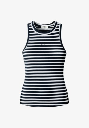 Tumši zils un balts svītrains tanktops no ribota auduma, tam ir apaļš kakla izgriezums un smalka izšūta logo uz krūtīm.