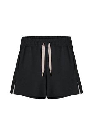 Mustat rennot shortsit, joissa on joustava vyötärönauha, beiget kiristysnauhat kultaisilla päillä, sivutaskut ja pienet sivulenkit, joissa on beigenväriset yksityiskohdat.
