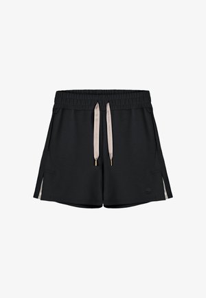 Pantaloncini casual neri con vita elastica, coulisse beige con punte dorate, tasche laterali e piccoli spacchi laterali con dettagli beige.