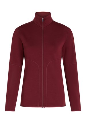 Maroon zip-up jacket with high collar. Features smooth fabric, long sleeves, and contrasting stitching along seams. Simple, functional design.