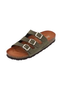 Dark green three-strap sandal made of suede with silver-tone buckles, cork midsole, and brown footbed, featuring a textured rubber outsole.
