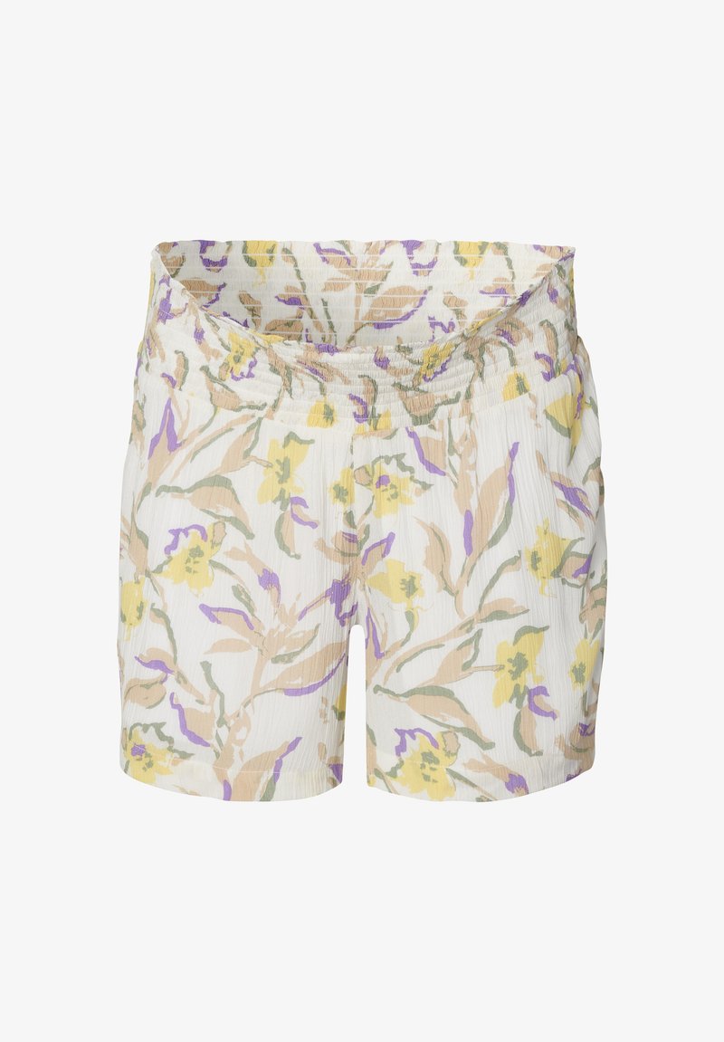 Blumenmuster-Shorts mit weißem Hintergrund, ausgestattet mit gelben und lila Blumen. Elastischer Bund, leichte Textur, kurze Länge.