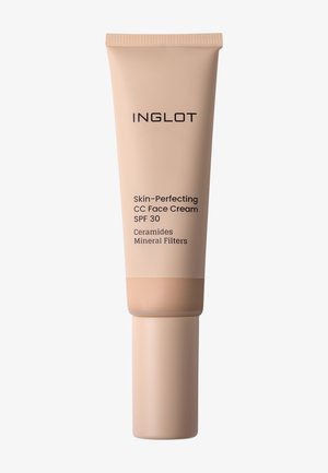 Beige tube af Inglot Skin-Perfecting CC Face Cream med SPF 30, indeholdende ceramider og mineralfiltre.