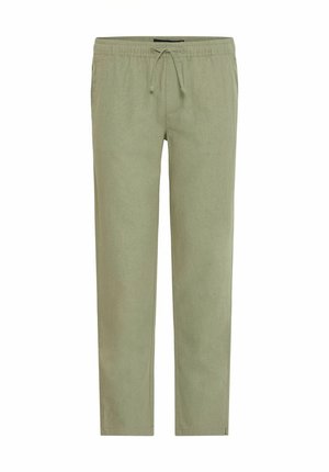 Light green, tapered pants made of a soft fabric with an elastic waistband and adjustable drawstring. Simple, no patterns or accents.