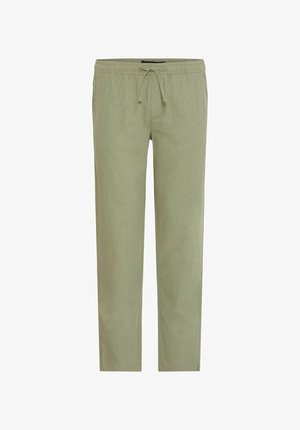 Light green, tapered pants made of a soft fabric with an elastic waistband and adjustable drawstring. Simple, no patterns or accents.
