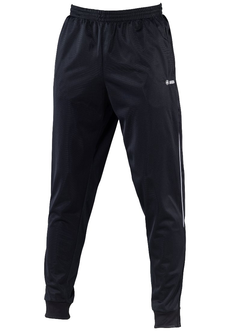 Černé sportovní kalhoty vyrobené z hladkého, lehkého materiálu, s tapered střihem a elastickým pasem, se bílými bočními pruhy.