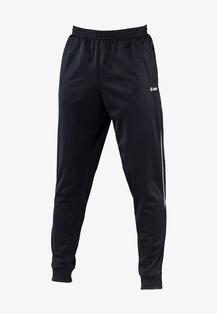 Černé sportovní kalhoty vyrobené z hladkého, lehkého materiálu, s tapered střihem a elastickým pasem, se bílými bočními pruhy.