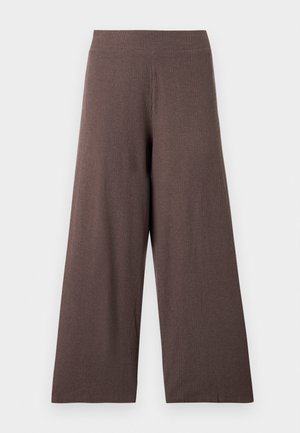 Pantalon large taille haute en tissu marron texturé avec une ceinture élastique, présenté sur un fond blanc uni.