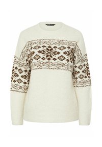 Cremfarbener Strickpullover mit braunem geometrischem und floralem Muster über der Brust und an den Ärmeln, mit Rundhalsausschnitt und langen Ärmeln.