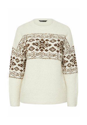 Suéter de punto crema con un patrón geométrico y floral marrón en el pecho y las mangas, con cuello redondo y mangas largas.