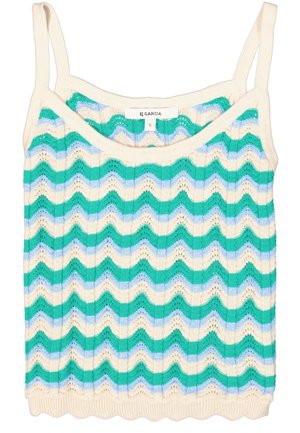 Débardeur tricoté avec un motif en zigzag bleu canard, blanc et bleu clair, doté de bretelles spaghetti ajustables et d'un ourlet en dents de scie.