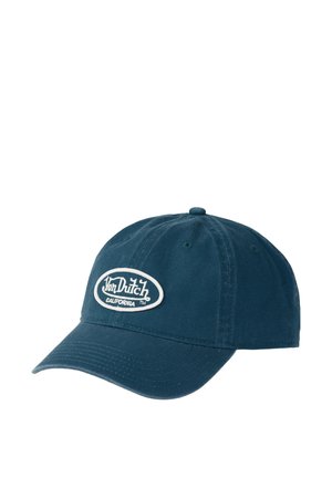 Casquette de baseball Von Dutch bleu foncé avec visière courbée et écusson ovale blanc sur le devant portant le logo "Von Dutch California".