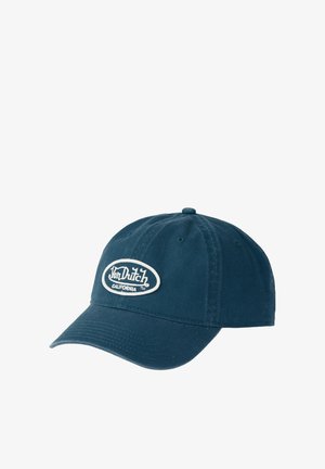Casquette de baseball Von Dutch bleu foncé avec visière courbée et écusson ovale blanc sur le devant portant le logo "Von Dutch California".