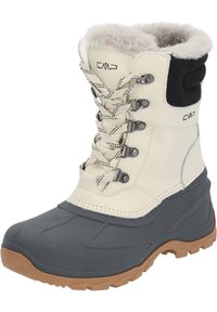 White and gray snow boot with faux fur lining, rubber outsole, metal lace hooks, and textile upper. Features a rounded toe and tread pattern.