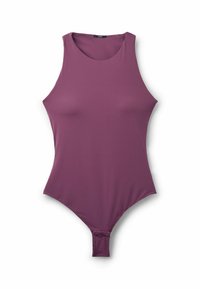 Bodysuit sin mangas de color púrpura con cuello redondo, con un acabado de tejido suave y un fondo estilo tanga. Diseño limpio, sin patrones ni acentos.