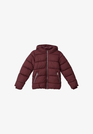 Burgunderfarbige Steppjacke mit Kapuze, gestepptem Design, Vorderreißverschluss und zwei seitlichen Reißverschluss-Taschen. Glatte Textur, ärmellänge bis zur Mitte.